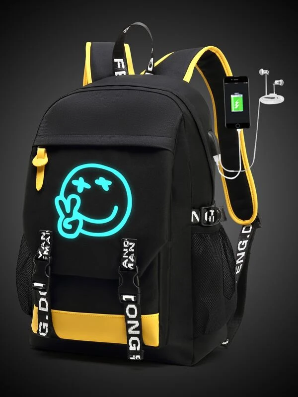 Large Capacity Contrast Color Backpack With USB Charging Port, Glow In The Dark School Bag, Casual Daypack For Men, College Students, Traveling (Random Printed Design) Halloween Gifts For Men Fall Christmas Scream Bag For Men Back To School Backpack Winter Christmas Gifts Travel Bag Black