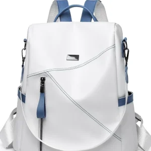 Large Capacity,Waterproof,Portable Metal Decor Stitch Detail Classic Backpack for Women, Rookies & White-collar Workers Perfect for School,College,Work ,Business,Commute,Back to School Blue and White