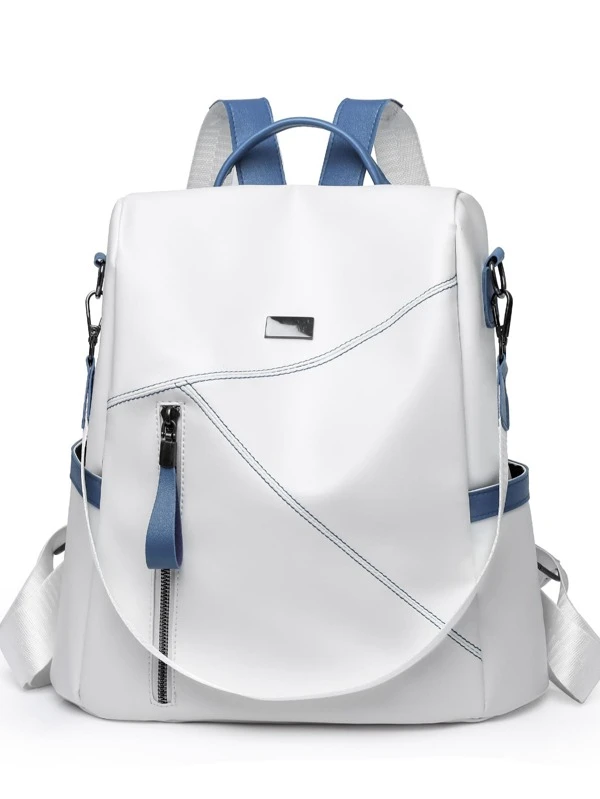 Large Capacity,Waterproof,Portable Metal Decor Stitch Detail Classic Backpack for Women, Rookies & White-collar Workers Perfect for School,College,Work ,Business,Commute,Back to School Blue and White