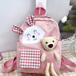 Girls Gingham Pattern Cartoon Bear & Rabbit Ear Decor Polyester Zipper Functional Backpack Pink