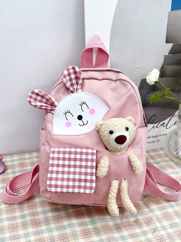 Girls Gingham Pattern Cartoon Bear & Rabbit Ear Decor Polyester Zipper Functional Backpack Pink