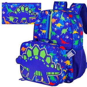 3PCS Dinosaur Backpack For Boys, 16"Kids Bookbag With Lunch Box, School Bag For Elementary Toddler Dinosaur Blue