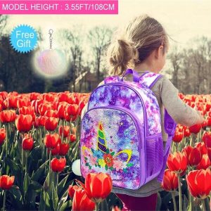 3PCS Girls Backpack, 16" Kids Unicorn Sequin Prechool Elementary Bookbag, Kindergarten School Back Packs And Lunch Box Purple