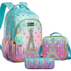 Kids' Eiffel Tower Backpack 17 Inch With Lunch Bag And Pencil Case, Lightweight School Bag With Unique Bright Pattern, Suitable For Both Boys And Girls, Great For School, Travel And Tourism, 3pcs/set Lime Green