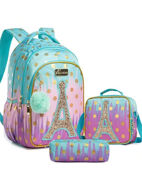 Kids' Eiffel Tower Backpack 17 Inch With Lunch Bag And Pencil Case, Lightweight School Bag With Unique Bright Pattern, Suitable For Both Boys And Girls, Great For School, Travel And Tourism, 3pcs/set Lime Green