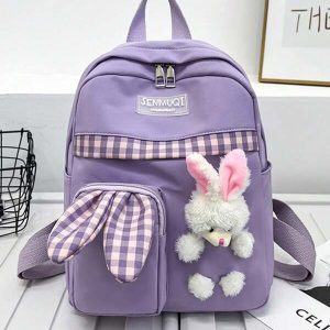 Kawaii Plaid Pattern Backpack, Cute Preppy Style School Bag, Large Capacity Durable Travel Rucksack Purple