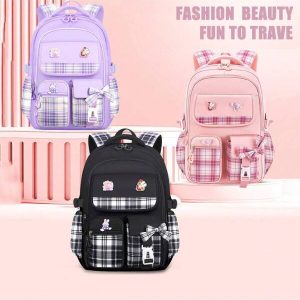 Cute & Fashionable Girls Backpack, Student School Bag, 15.6 Inch Laptop Backpack, Outdoor Travel Backpack, Includes 3 Badges, Suitable For Teenage Girls, Elementary, Middle & High School Students Black