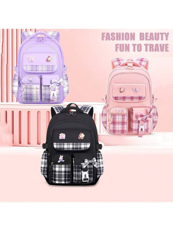 Cute & Fashionable Girls Backpack, Student School Bag, 15.6 Inch Laptop Backpack, Outdoor Travel Backpack, Includes 3 Badges, Suitable For Teenage Girls, Elementary, Middle & High School Students Black