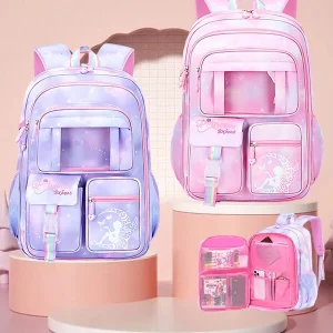 1pc Dreamy Girl Backpack, Multifunctional Kids Backpack, Cute Student School Bag, Casual Durable Lightweight Travel Bag, With Front Transparent Pocket And Anti-Theft Pocket, Ideal Birthday Gift, Suitable For Girls Grade 1-6 Pink