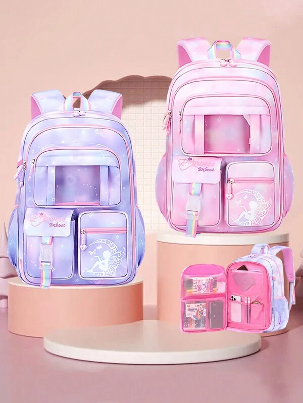 1pc Dreamy Girl Backpack, Multifunctional Kids Backpack, Cute Student School Bag, Casual Durable Lightweight Travel Bag, With Front Transparent Pocket And Anti-Theft Pocket, Ideal Birthday Gift, Suitable For Girls Grade 1-6 Pink