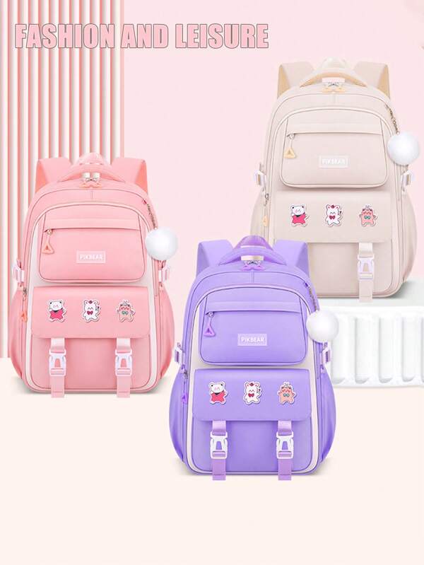 Minimalist Fashion Backpack For Girls. 15.6 Inch Laptop Backpack. Lightweight Large Capacity Outdoor Travel Bag And Student School Bag. Comes With Three Random Badges And Plush Decoration Balls. Suitable For Teenage Girls And Students. Pink