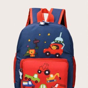 1pc Cartoon Cute Nylon Zipper Closure Car Printed Backpack For Toddler Boys And Girls, Suitable For Daily Use And Kindergarten Red