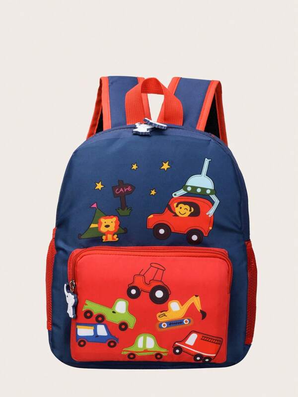 1pc Cartoon Cute Nylon Zipper Closure Car Printed Backpack For Toddler Boys And Girls, Suitable For Daily Use And Kindergarten Red