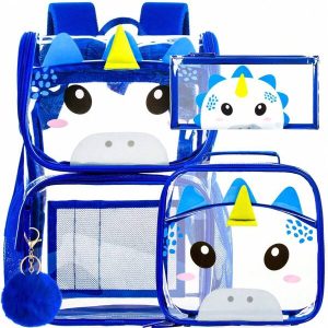 3PCS Clear Backpack For Boys, Kids Transparent Bookbag Stadium Approved, See Through School Bag For Elementary Preschool - Blue Dinosaur Blue