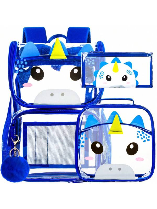 3PCS Clear Backpack For Boys, Kids Transparent Bookbag Stadium Approved, See Through School Bag For Elementary Preschool - Blue Dinosaur Blue