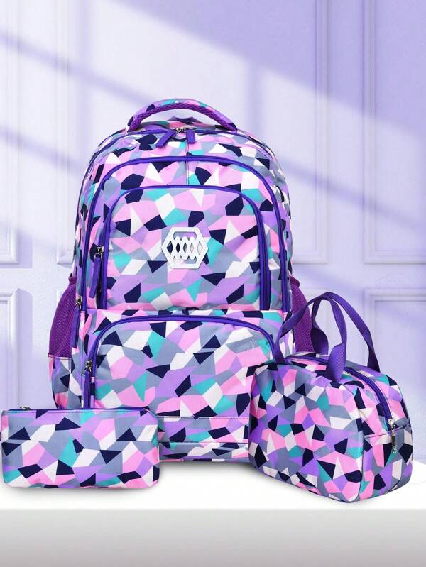 3pcs/Set Children School Backpack Set For Girls, With Princess Design, Suitable For Students Purple