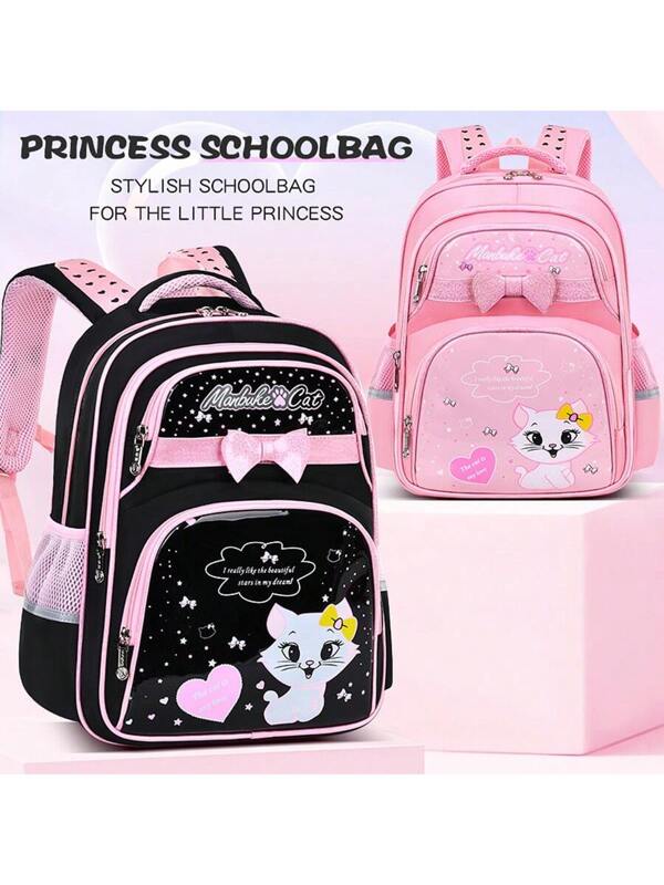 New Children's Schoolbag For Elementary School Students Girls 1,2,3,4,5,6 Grades 6-12 Years Old Net Red Cute Kitten Waterproof Lightweight Girls Girls Shoulder Bag Black