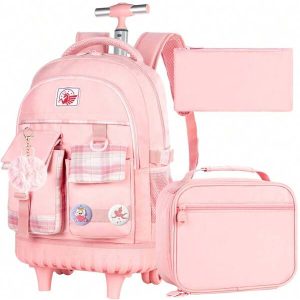 3PCS Rolling Backpack For Girls, Women Wheeled Bookbag With Lunch Box For Adults, Kids Water Resistant Roller School Bag For Teens Travel - Pink Pink