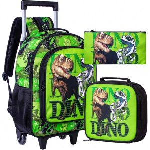 Rolling Backpack For  Boys,Kids Unicorn Dinosaur Bookbag With Roller Wheels, Suitcase School Bag Set Green