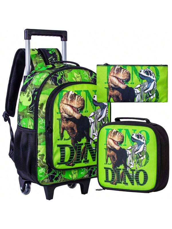 Rolling Backpack For  Boys,Kids Unicorn Dinosaur Bookbag With Roller Wheels, Suitcase School Bag Set Green