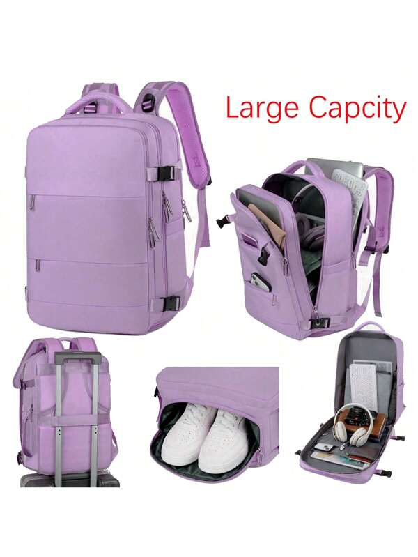 1 Pc Large Capacity Lightweight Portable Travel Backpack For Women Work Bag Carry On Hand Luggage,With Luggage Strap Design.Preppy School Backpack With Shoes Compartment.Water Resistant Business Large Day Pack Weekender Bag,With TSA Friendly Functional And USB Charging Port.Airline Approved Slim Durable Laptop Backpack,College Bag Computer Bag,Gifts For Men & Women,For Outings,Large Capacity,Durable,Lightweight And Waterproof Purple