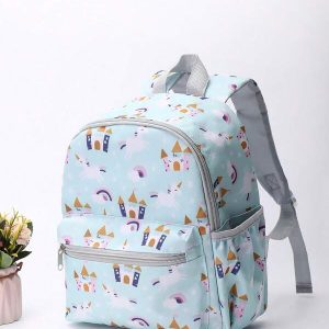 Cartoon Castle & Rainbow Pattern Light Blue Children's Backpack For 3-6 Years Old Girls, Unicorn & Full Prints Kindergarten/Elementary/Middle School Shoulder Bag Baby Blue