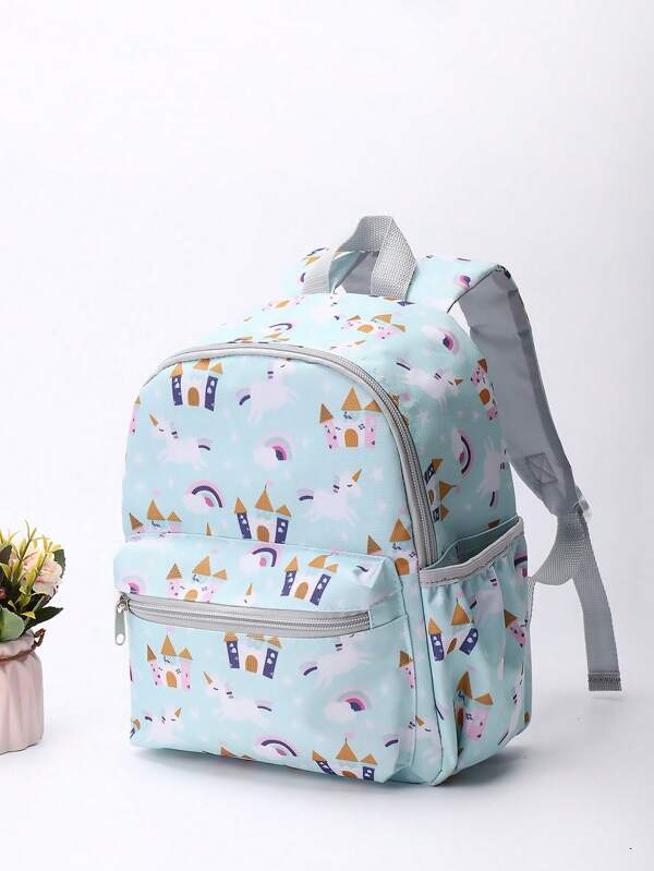 Cartoon Castle & Rainbow Pattern Light Blue Children's Backpack For 3-6 Years Old Girls, Unicorn & Full Prints Kindergarten/Elementary/Middle School Shoulder Bag Baby Blue