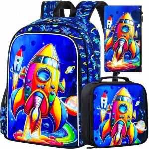 3PCS Kids Backpack For Boys, Rockets Preschool Bookbag With Lunch Box, 16" Water Resistant School Bag For Elementary Toddler Blue