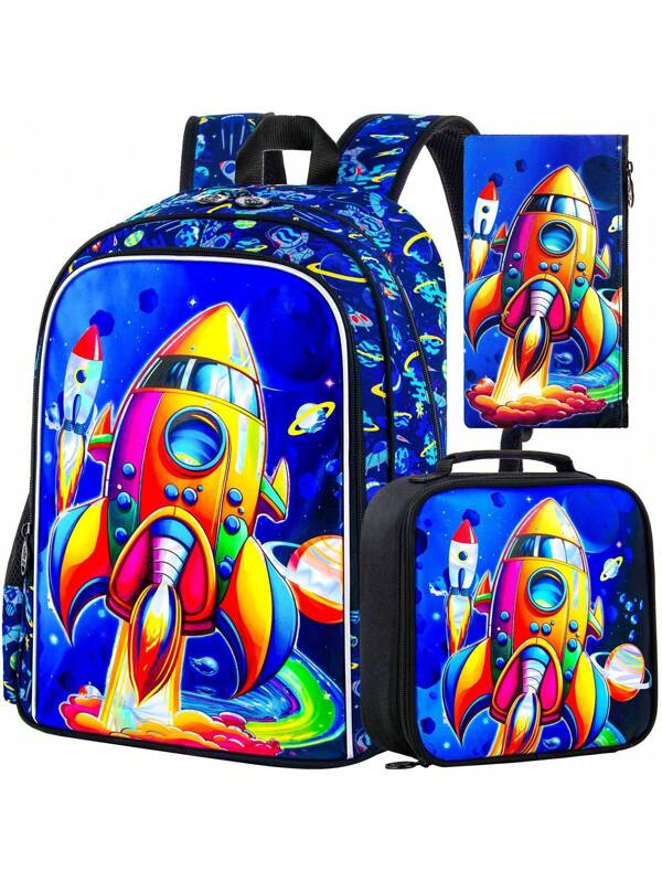 3PCS Kids Backpack For Boys, Rockets Preschool Bookbag With Lunch Box, 16" Water Resistant School Bag For Elementary Toddler Blue