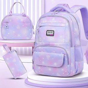 3pcs Girls' Backpack Set, School Bag, Student Bookbag, Outdoor Travel Bag, Pencil Case, Lunch Bag, Suitable For Teenage Girls, School And Travel (Random Print) Purple