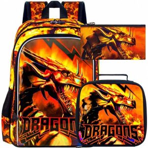 3Pcs Boys Backpack, 16" Kids Bookbag With Lunch Box, Dragon School Bags For Elementary Preschool Kindergarten (Orange) Burnt Orange