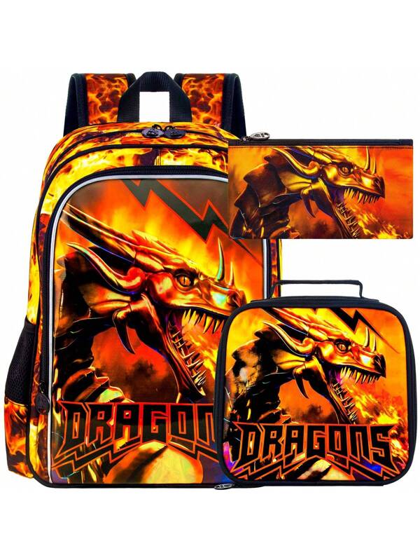 3Pcs Boys Backpack, 16" Kids Bookbag With Lunch Box, Dragon School Bags For Elementary Preschool Kindergarten (Orange) Burnt Orange