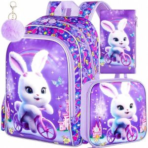 3PCS Girls Rabbit Bookbag, 16" Kids Backpackwith Lunch Box, Water Resistant School Bag For Elementary Prechool Toddler Purple