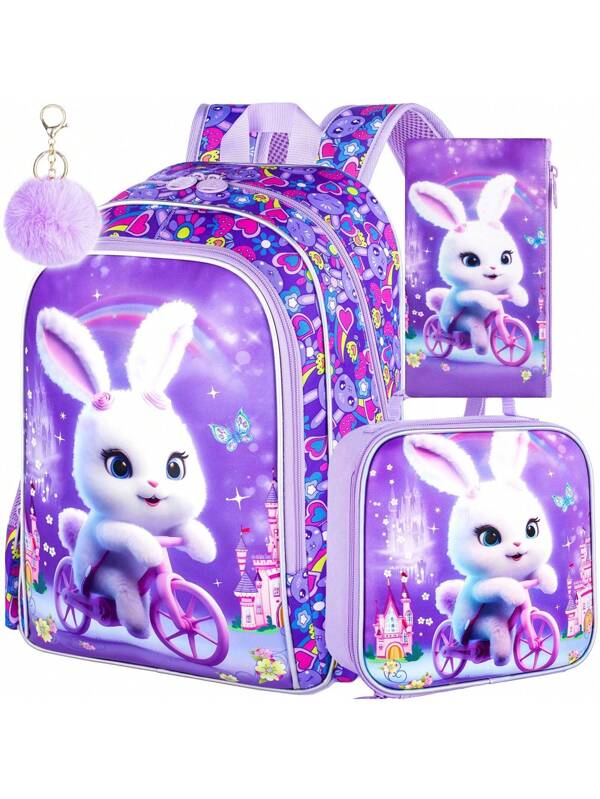 3PCS Girls Rabbit Bookbag, 16" Kids Backpackwith Lunch Box, Water Resistant School Bag For Elementary Prechool Toddler Purple