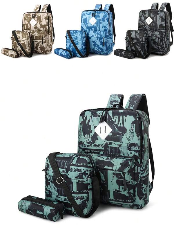 Back To School 3-Piece Boys Camouflage Alphabet Nylon Zipper Closed Backpack Campus Student Backpack Pen Bag Suitable For Daily Use Crossbody Bag A