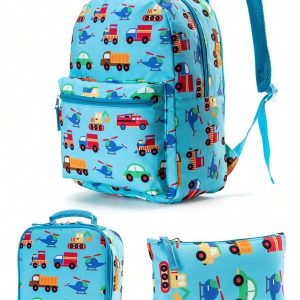 15.7in/40cm 3pcs/Set Construction Vehicle Print Backpack, Lunch Box & Pencil Case Set For Boys, Girls, Kids, Suitable For Travel, Camping, School, Padded Back And Adjustable Shoulder Straps, Durable, Practical (Construction Vehicle Print) Blue