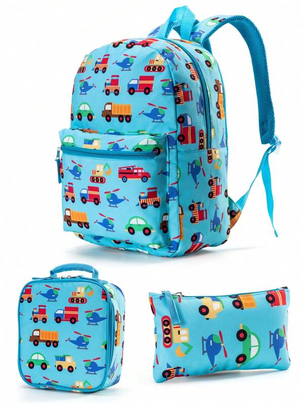 15.7in/40cm 3pcs/Set Construction Vehicle Print Backpack, Lunch Box & Pencil Case Set For Boys, Girls, Kids, Suitable For Travel, Camping, School, Padded Back And Adjustable Shoulder Straps, Durable, Practical (Construction Vehicle Print) Blue