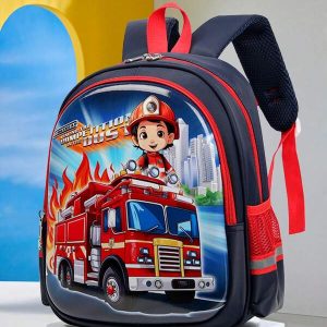 1pc Dark Blue Kindergarten Backpack For Boys, Cute Fire Truck Design, Lightweight & Shock-Absorbing Kids School Bag With Padded Back Navy Blue