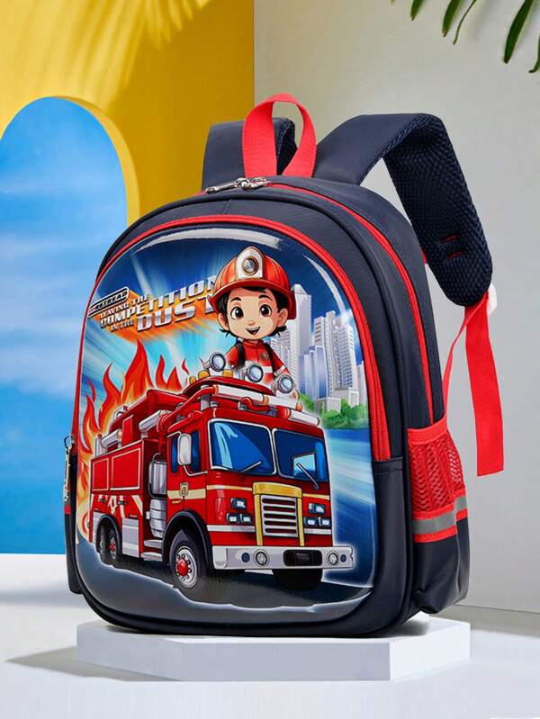 1pc Dark Blue Kindergarten Backpack For Boys, Cute Fire Truck Design, Lightweight & Shock-Absorbing Kids School Bag With Padded Back Navy Blue