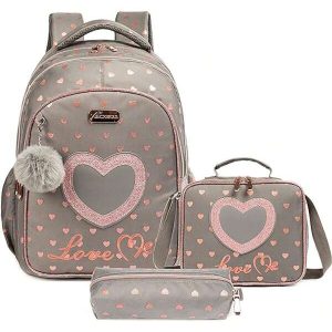 Children's 17-inch Rose Gold Heart Backpack With Lunch Bag And Pencil Case: 3-in-1 Lightweight School Bag Suitable For Teen Girls And Boys, Large Capacity; Backpack, Lunch Box And Pencil Bag Combo With Padded Shoulder Straps To Relieve The Pressure On Shoulders For Daily Use Or Travel Light Grey