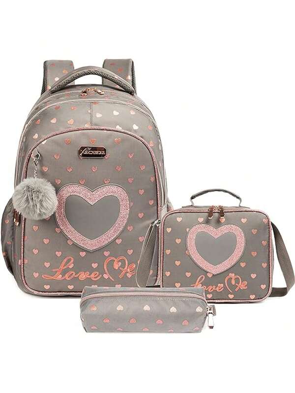 Children's 17-inch Rose Gold Heart Backpack With Lunch Bag And Pencil Case: 3-in-1 Lightweight School Bag Suitable For Teen Girls And Boys, Large Capacity; Backpack, Lunch Box And Pencil Bag Combo With Padded Shoulder Straps To Relieve The Pressure On Shoulders For Daily Use Or Travel Light Grey