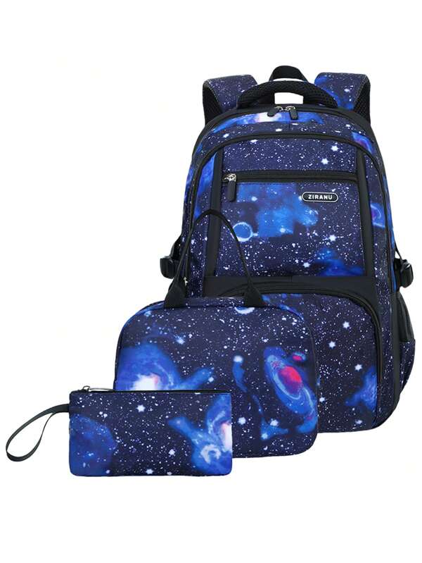 3pcs Kids' Backpacks Suitable For Primary & Secondary Students, Includes Lunch Box, Space Theme, For Boys & Girls, Back To School Gift Royal Blue