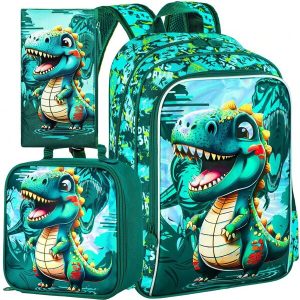 3PCS Dinosaur Backpack For Boys, Water Resistant Kids Bookbag Set With Lunch Box?Cute School Bag For Preschool Toddler Green