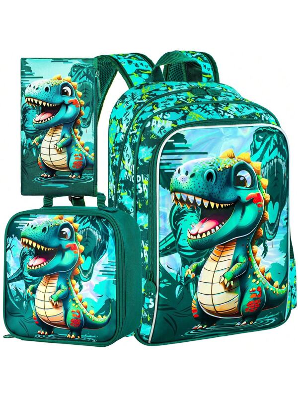 3PCS Dinosaur Backpack For Boys, Water Resistant Kids Bookbag Set With Lunch Box?Cute School Bag For Preschool Toddler Green