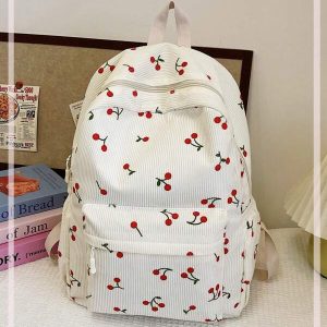 1pc White Corduroy Casual Stylish Cherry Print Foldable Large Capacity Zipper Backpack With Multiple Pockets, Suitable For Teenagers, Middle/High School Students, College Students, Graduation, Daily Commute, Shopping, Travel, Gift For Students, School Bags For Teens, Kawaii Cherry Elements White