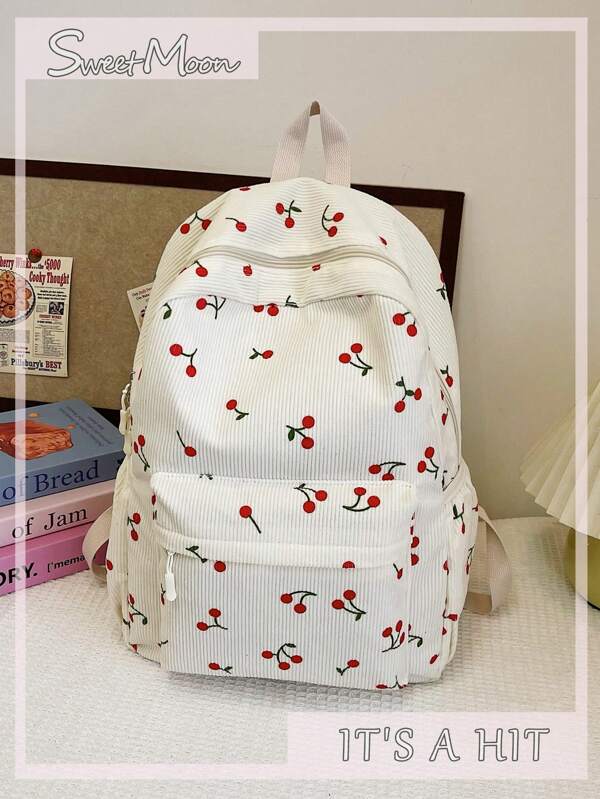 1pc White Corduroy Casual Stylish Cherry Print Foldable Large Capacity Zipper Backpack With Multiple Pockets, Suitable For Teenagers, Middle/High School Students, College Students, Graduation, Daily Commute, Shopping, Travel, Gift For Students, School Bags For Teens, Kawaii Cherry Elements White