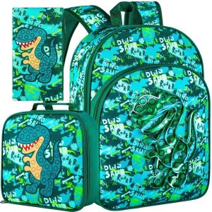 3PCS Dinosaur Backpack For Boys, 16"Kids Prechool Bookbag, Elementary Kindergarten School Bag And Lunch Box Green