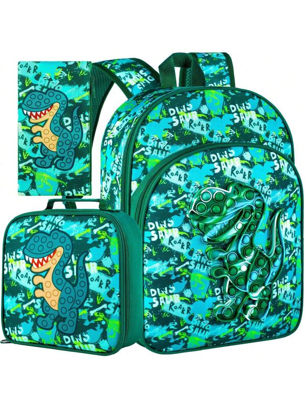 3PCS Dinosaur Backpack For Boys, 16"Kids Prechool Bookbag, Elementary Kindergarten School Bag And Lunch Box Green