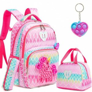 3PCS Backpack For Girls Press Toys School Bag Girl's Back To School Backpakc With Lunch Bag Pencil Bag With Toy Pendant (Gradient Direction And Prints Are Randomised) , School Bags For Girls Pink