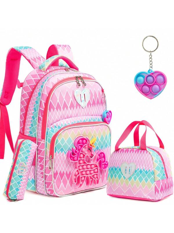 3PCS Backpack For Girls Press Toys School Bag Girl's Back To School Backpakc With Lunch Bag Pencil Bag With Toy Pendant (Gradient Direction And Prints Are Randomised) , School Bags For Girls Pink